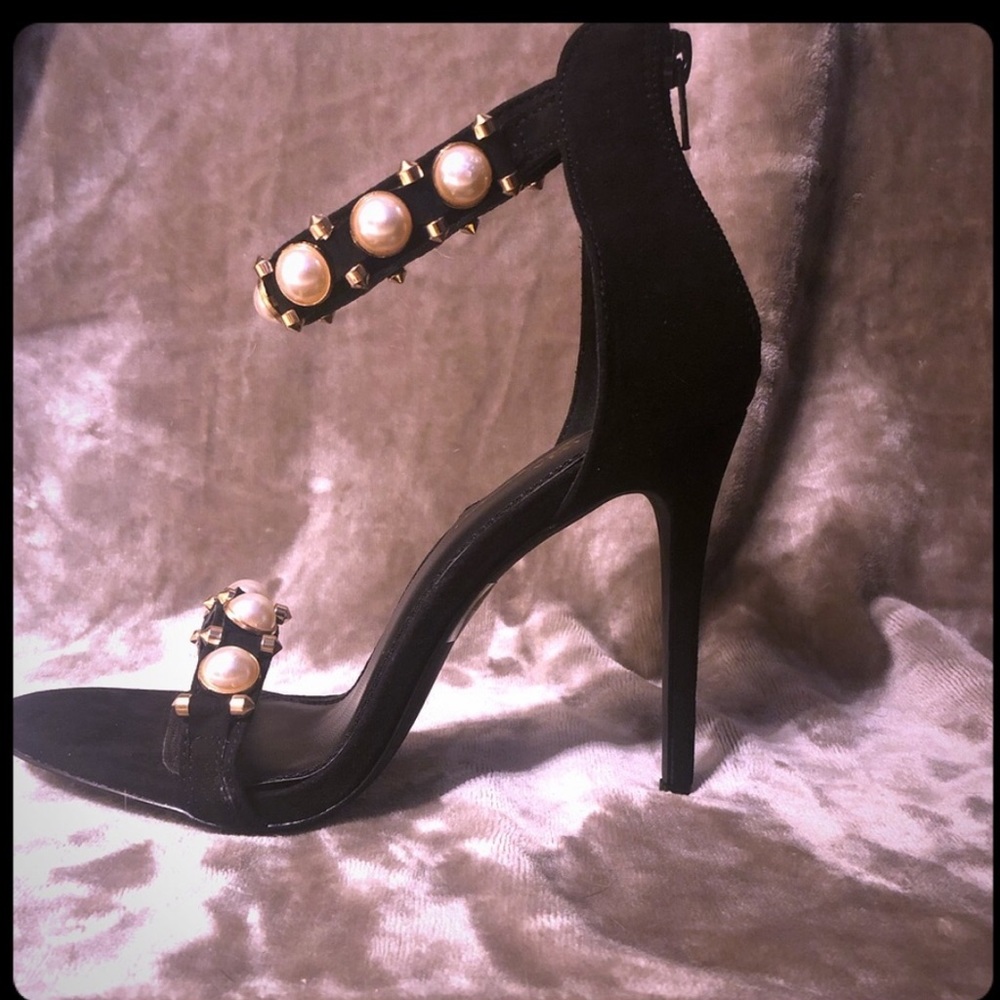 Holiday Party Pearl and Black Ankle Strap Pumps